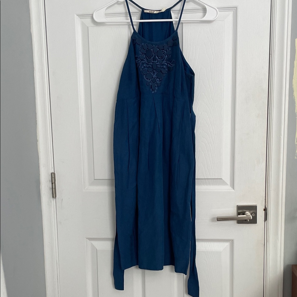 Sleeveless Blue Halter Midi Dress with Embroidered Yoke